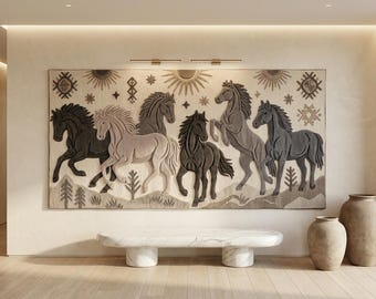 Tapiz de pared hecho a mano con 7 caballos, estilo suroeste, en tonos neutros y tierra, de fibra de lana.