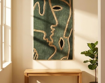 Handmade Wall Hanging Tapestry Rug Modern Abstract Face Art Green Gold Tufted Carpet