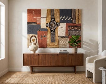 Tapiz de pared tejido a mano, arte textil geométrico abstracto, gran obra de arte textil boho.