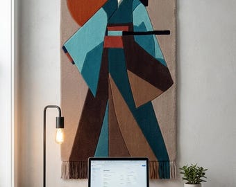 Tapiz abstracto minimalista hecho a mano para colgar en la pared, arte japonés de geisha, decoración de habitaciones con textura y mechones.