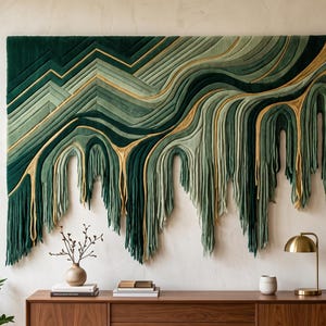 May include: A large rectangular wall hanging featuring layered fabric strips in shades of forest green, sage, and gold. The design incorporates geometric mountain-like peaks on the left and fluid, dripping vertical fringe elements on the right.
