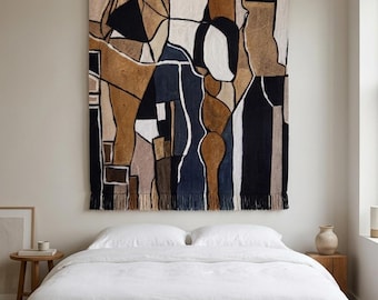 Tapiz de pared tejido a mano con retrato abstracto cubista, gran tapiz de arte textil moderno orgánico.