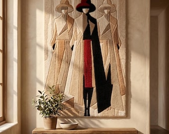 Tapiz abstracto de arte textil 3D tejido a mano con retrato cubista, escultura textil artesanal japonesa.