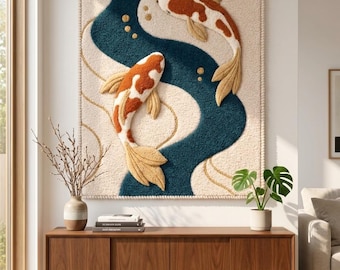 Tapiz de pared con textura 3D de peces koi, hecho a mano. Arte textil escultórico artesanal.
