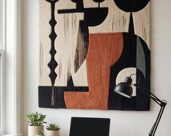Tapiz de pared artesanal, arte textil abstracto cubista, obra de arte textil moderna con textura.