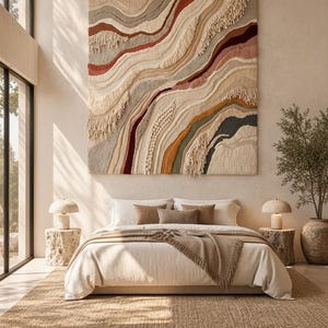 May include: A large square wall hanging featuring a textured, layered fibre art design with wavy, abstract patterns in shades of cream, beige, terracotta, rust, sage green, and dark charcoal, accented with fringe and varied tufted yarn textures.