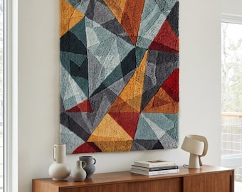Tapiz geométrico artesanal para colgar en la pared, decoración moderna de arte textil abstracto con textura colorida.