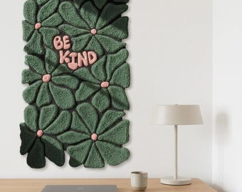 Handmade Wall Hanging Tapestry Rug Flower Retro Floral Be Kind 3D textured Green Decor