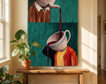 Handgefertigter Wandbehang Tapisserie Surrealistische Teekanne Kunst Quirky Kaffeeliebhaber Geschenk Dekor