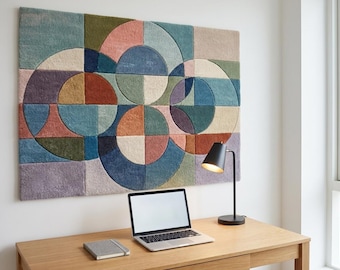 Alfombra de pared tejida a mano, tapiz geométrico moderno, alfombra texturizada de arte abstracto en fibra.