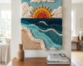 Tapiz de pared tejido a mano con diseño de sol y playa, olas del océano, decoración artística de lana