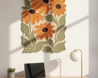 Handmade Sunflower Wall Hanging Rug Tapestry Floral Textured Cute Room Decor Carpet Art