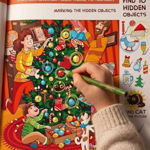 May include: A Christmas adventure puzzle book page titled Finding the Treasures with a colorful illustration of a family decorating a tree. The page includes a Find 10 Hidden Objects checklist with icons and a Find Cat in the Picture section.