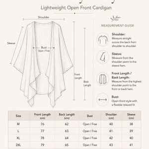Puede incluir: Una tabla de tallas para un c&aacute;rdigan ligero abierto de WovenByEvelyn. El gr&aacute;fico muestra un dibujo lineal de la prenda con etiquetas para hombro, manga, largo delantero y trasero. Una tabla enumera las medidas en cm para tallas M a 2XL.