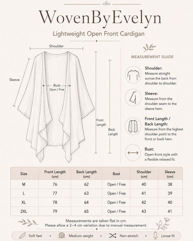 Puede incluir: Una tabla de tallas para un c&aacute;rdigan ligero abierto de WovenByEvelyn. El gr&aacute;fico muestra un dibujo lineal de la prenda con etiquetas para hombro, manga, largo delantero y trasero. Una tabla enumera las medidas en cm para tallas M a 2XL.