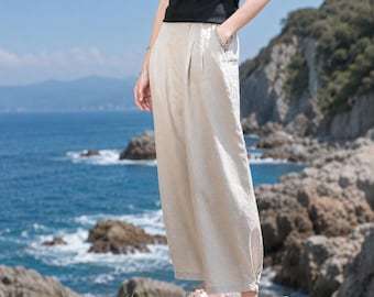 Linen Blend Wide-Leg Pants, Beige Coastal Trousers, Breathable Cotton Blend