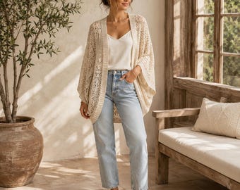 Crochet Cardigan - Open Front Knit Kimono, Boho Lace Cover Up, Summer Layer