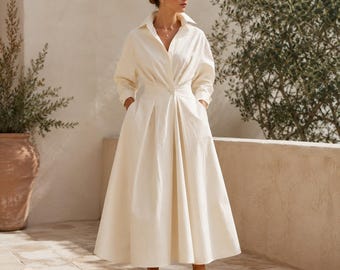 Robe chemise longue, manches longues trapèze, mélange de coton, avec poches