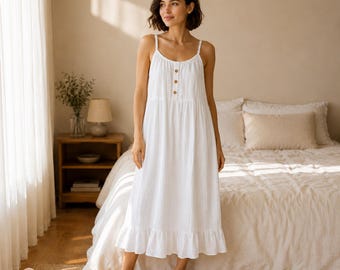 White Cotton Nightgown, Sleeveless Ruffle Hem Sleep Dress with  Adjustable Strap