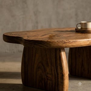 May include: A low-profile coffee table crafted from solid wood with a natural brown finish and visible grain patterns. The table features an organic, irregular tabletop shape supported by two thick, curved slab legs. A ceramic mug sits on the surface.