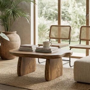 May include: A low-profile coffee table crafted from natural wood with a smooth, organic, kidney-shaped top and two thick, slab-style legs. The table surface holds a stack of two books and a single ceramic mug, showcasing a warm, brown wood grain.