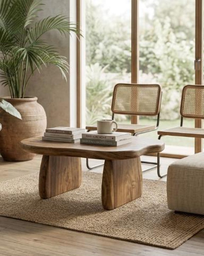 May include: A low-profile coffee table crafted from natural wood with a smooth, organic, kidney-shaped top and two thick, slab-style legs. The table surface holds a stack of two books and a single ceramic mug, showcasing a warm, brown wood grain.