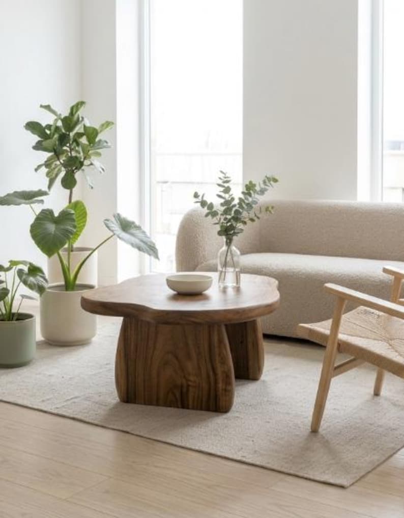 May include: A low, organic-shaped wooden coffee table with a thick, natural-grain top and two sturdy, curved slab legs. The table is crafted from solid wood with a warm brown finish, featuring a smooth, irregular edge that mimics natural wood forms.