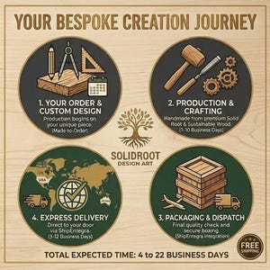 May include: A light wood-toned infographic titled YOUR BESPOKE CREATION JOURNEY featuring four circular icons. Icons depict drafting tools, woodworking equipment, a wooden crate, and a world map with a globe. Text includes SOLIDROOT DESIGN ART.