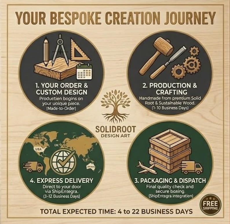 May include: A light wood-toned infographic titled YOUR BESPOKE CREATION JOURNEY featuring four circular icons. Icons depict drafting tools, woodworking equipment, a wooden crate, and a world map with a globe. Text includes SOLIDROOT DESIGN ART.