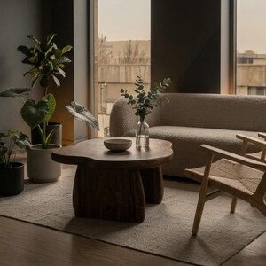 May include: A dark wood coffee table with an organic, irregular shape and thick, curved legs. On the table sits a small, shallow bowl and a clear glass vase containing green leafy stems. The table is positioned in front of a beige textured sofa.