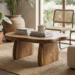 May include: A low-profile coffee table crafted from solid wood with a natural grain finish, featuring a thick, organic-shaped tabletop supported by two sturdy, curved slab legs. The table holds a stack of books and a ceramic mug.