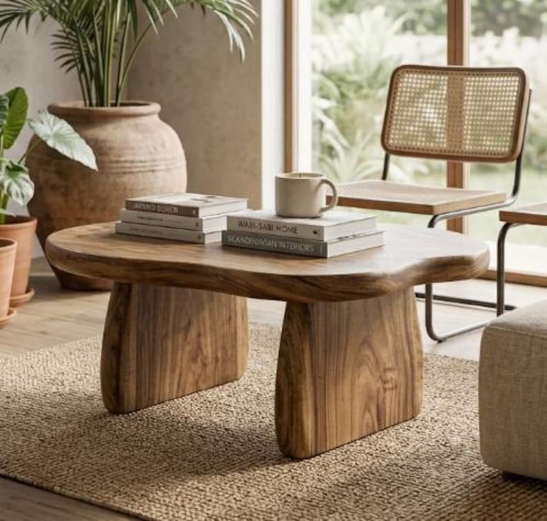 May include: A low-profile coffee table crafted from solid wood with a natural grain finish, featuring a thick, organic-shaped tabletop supported by two sturdy, curved slab legs. The table holds a stack of books and a ceramic mug.