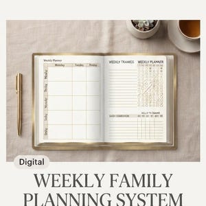 May include: A digital weekly planner displayed on an open tablet screen. The left page features a grid for Monday, Tuesday, and Friday. The right page contains a weekly schedule, a list of tasks, and the text WEEKLY PLANNER and HELLO T6.