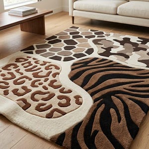 Safari Animal Print Rug Hand Tufted Wool Area Rug Neutral Patchwork Leopard Zebra Giraffe Carpet Organic Modern Nursery Kids Bedroom 3D Rug