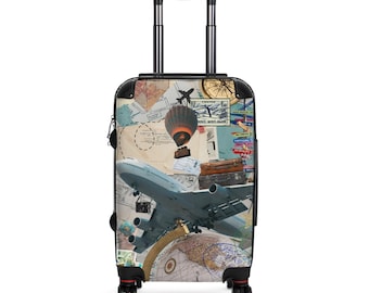 Vintage Travel Collage Suitcase | Airplane Hot Air Balloon Passport Map