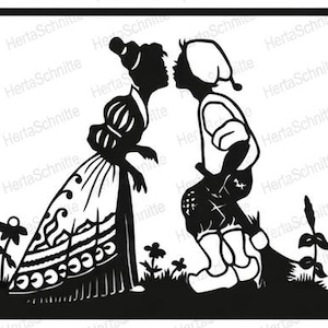 Könnte beinhalten: Eine Sammlung von sechs Schwarz-Weiß-Silhouette-Illustrationen, die Szenen aus einem Märchen darstellen. Die Bilder zeigen Figuren in einem Wald, eine Prinzessin mit Zwergen und eine Hexe mit Kindern.