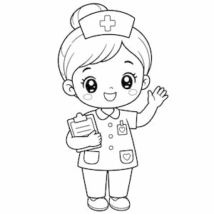 Könnte beinhalten: Schwarz-Weiß-Illustration einer Cartoon-Krankenschwester. Sie trägt eine Krankenschwestermütze mit Kreuz, eine Uniform mit herzförmigen Taschen und hält einen Klemmblock. Sie winkt mit einem Lächeln.