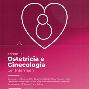 Op de afbeelding: Een magenta educatieve boekomslag getiteld Appunti di Ostetricia e Ginecologia per Infermieri, Vol. 11. Het bevat een wit hartpictogram met een gestileerde figuur, een rasterpatroon en tekst over onderwerpen zoals zwangerschap en bevalling.