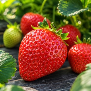May include: A cluster of fresh strawberries in various stages of ripeness, featuring one prominent bright red strawberry in the foreground with visible seeds and a green leafy calyx, surrounded by other red and one pale green strawberry.