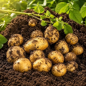 May include: A cluster of freshly harvested, light brown potatoes covered in dark soil, resting in a mound of earth. Green potato plant stems with small leaves extend across the top of the pile, highlighting the raw, unwashed produce.