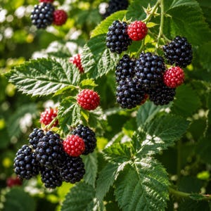 May include: A cluster of ripe blackberries and unripe red raspberries growing on a green leafy bush. The blackberries are dark, glossy, and textured, while the raspberries are bright red and smaller, interspersed among the serrated green leaves.