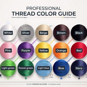 May include: A professional thread color guide featuring fifteen circular swatches of embroidery thread in white, silver, beige, brown, black, pink, purple, yellow, orange, red, light green, forest green, light blue, blue, and navy colors.