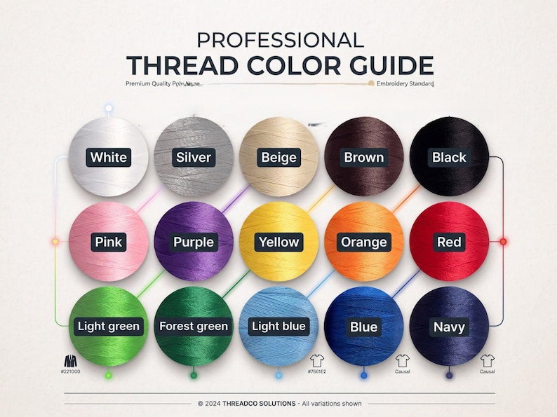 May include: A professional thread color guide featuring fifteen circular swatches of embroidery thread in white, silver, beige, brown, black, pink, purple, yellow, orange, red, light green, forest green, light blue, blue, and navy colors.