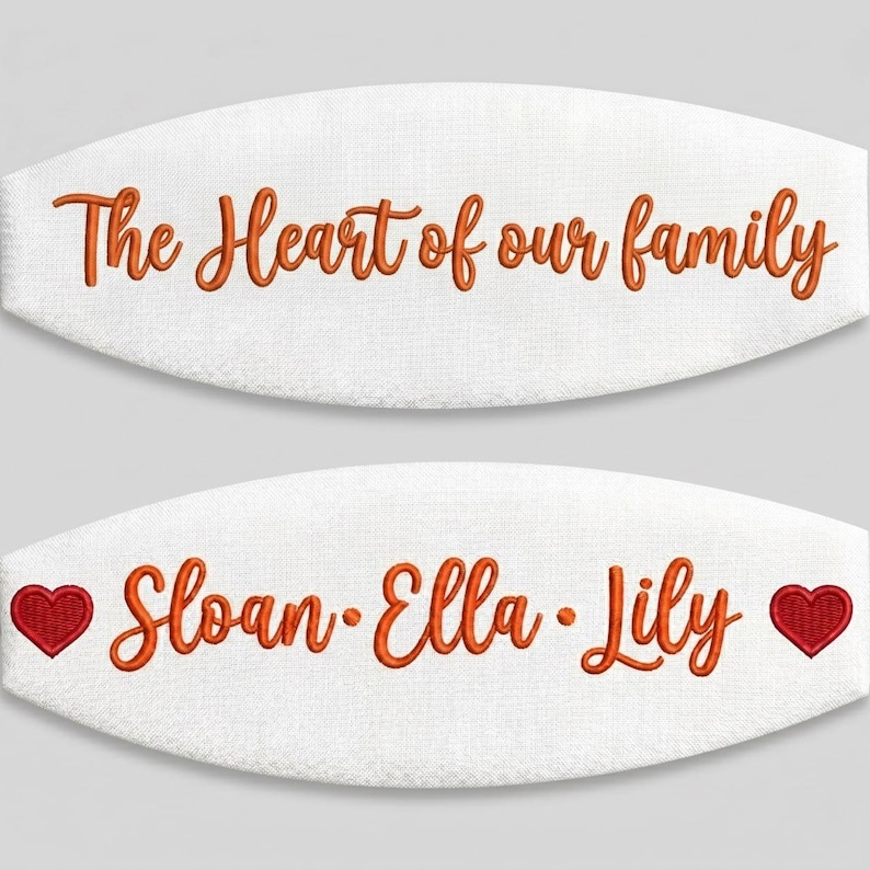 May include: Two white fabric ovals featuring orange embroidered text. The top oval reads The Heart of our family. The bottom oval displays the names Sloan, Ella, and Lily in orange text, flanked by a small red embroidered heart on each side.