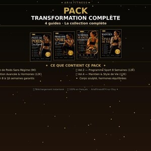 May include: A digital fitness pack with the title "Transformation Complete" featuring four guides. The guides cover topics like weight loss, sports programs, nutrition, and maintaining a healthy lifestyle. The pack is advertised with a gold and black color scheme.