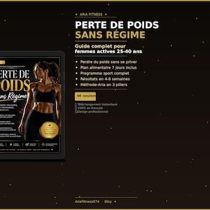 Peut inclure: Publicité numérique pour un guide de perte de poids. L'image présente une tablette affichant la couverture du guide, intitulé "PERTE DE POIDS Sans Régime", avec une femme en tenue de sport. Le fond est sombre avec du texte en français.