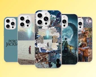 May include: Five smartphone cases featuring Percy Jackson themed designs. The cases display various imagery including a sword in a lake, a collage of book quotes and symbols like a trident, a figure standing before a large wave, and character illustrations.