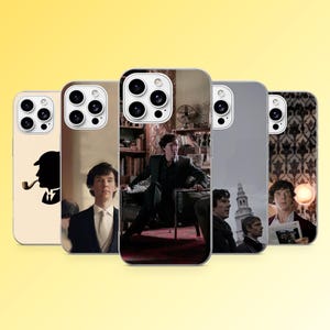 May include: Five smartphone cases featuring various imagery of a man in a suit, including a silhouette of a person with a pipe, a man sitting in a chair, a man standing, and a man holding a newspaper, all with camera cutouts at the top.