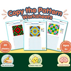 Puede incluir: Tres hojas de trabajo educativas tituladas Copy the Pattern con rompecabezas de cuadrícula en rojo, verde, amarillo, marrón, azul claro y rosa. Incluyen espacios para nombre y fecha, 20 hojas en total, para mayores de 5 años.