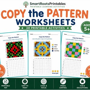 May include: Three printable worksheets titled Copy the Pattern Worksheets by SmartRootsPrintables. Each sheet features a 10x10 grid with colourful geometric patterns and a blank grid for copying. Includes 20 printable activities for ages 5+.